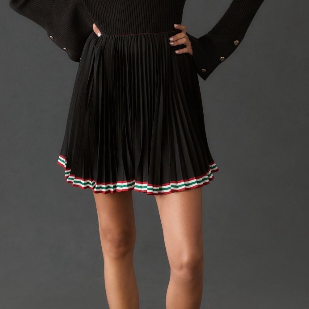 Maeve Black Red Green Trim Stripes Pleated Mini Skirt 0 XS